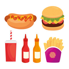 set of delicious fast food in white background vector illustration design