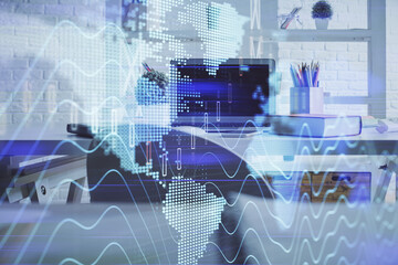 Double exposure of financial graph drawing and office interior background. Concept of stock market.