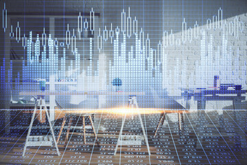 Double exposure of financial graph drawing and office interior background. Concept of stock market.