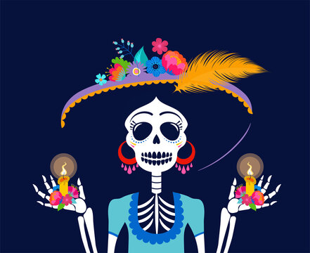 Dia de los muertos, Day of the dead, Mexican holiday, festival. Woman skull with make up of Catarina with flowers crown. Poster, banner and card with sugar skull