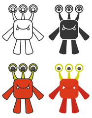 Three eyed monster in different styles. Set of various icons.