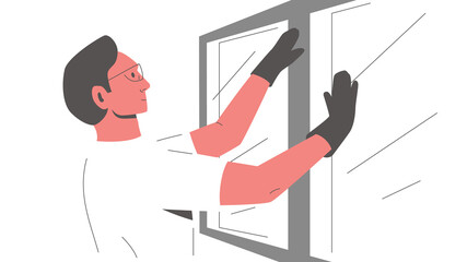 Worker installing a window. Vector illustration of a male constructor in glasses and gloves fixing, replacing or installing new window in the house