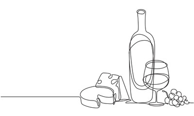 Wine glasses, a bottle of wine and cheese. Still life. Sketch. Draw a continuous line. Decor. - obrazy, fototapety, plakaty