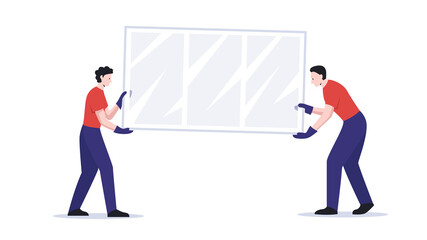 Workers carry the window. Vector illustration of two male workers in gloves carefully carry the window for installation or replacement. Builders installing a window in the appartment