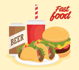 fast food poster, burger with sandwich and drinks vector illustration design