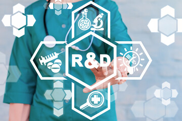 R & D: Research and Development Medical Lab Clinical Innovation Concept.