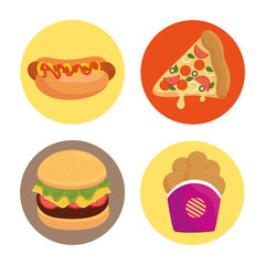 delicious fast food in circle frames in white background vector illustration design