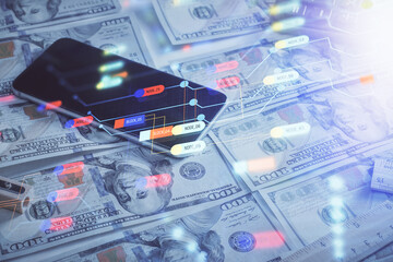 Double exposure of data theme drawing over us dollars bill background. Technology concept.