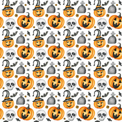 Happy Halloween seamless pattern with Jack O' Lantern pumpkins, skull, bat, spider holiday party decorations. Watercolor Cartoon background illustration. Halloween spooky cemetery scrapbook paper.