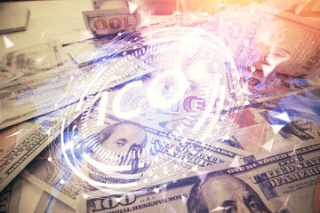 Multi exposure of crypto theme drawing over us dollars bill background. Concept of blockchain success.