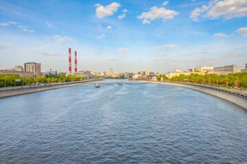 Moskva river view, Berezhkovskaya and Savvinskaya embankments, summer day urban Moscow landscape