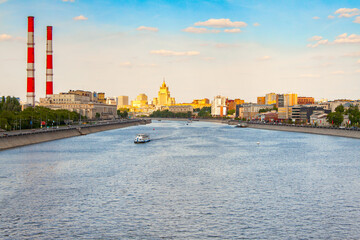 Fototapeta premium Beautiful summer Moscow landscape, view from the Berezhkovsky bridge on Moscow river and embankments