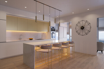 Obraz premium 3D render of a kitchen with day lighting. Kitchen interior design illustration in a modern style. Modern kitchen design ideas 2020