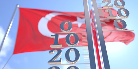 Thermometer shows 0 zero air temperature near waving flag of Turkey. Weather forecast conceptual 3D rendering