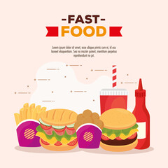 poster with set of delicious, fast food vector illustration design