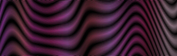 Dark colored psychedelic abstract horizontal vector banner with wave lines blending and moire optical illusion. For your creative project design cover, book, printing, web design, banner, mobile apps.