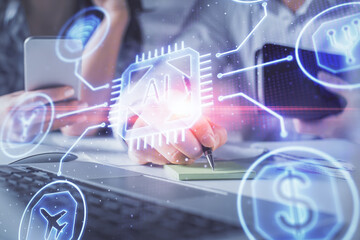 Double exposure of man and woman working together and technology theme drawing hologram. Big data concept. Computer background.