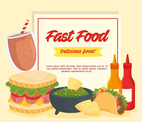 fast food poster, guacamole with sandwich and foods vector illustration design