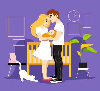 Young Parents Couple Holding Their Newborn Baby. Kid S Bedroom With Cradle, Plants And Cat. Happy Smiling Mother And Father With Child. Parenthood Concept. Colorful Vector Illustration In Flat Style