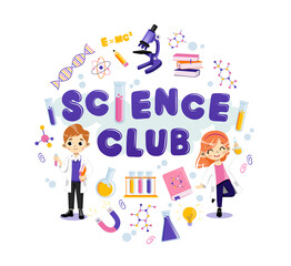 Fototapeta premium Two Young Characters With Science Club Equipment On White Background. Male And Female Teens Wearing White Coats And Smiling. Set Of Scientific Items With Microscope, Science Book, Tubes, Formulas