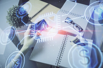 Double exposure of woman on-line shopping holding a credit card and data theme hologram drawing. E-commerce concept.