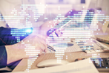 Double exposure of man's hands holding and using a phone and international business theme drawing.