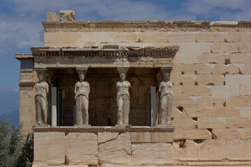 Architectural close-up of the Athens' Acropolis caryatids