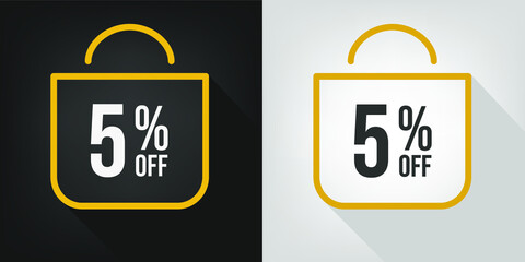 5% off. Black, white and yellow banner with five percent discount. Shopping bag concept vector.