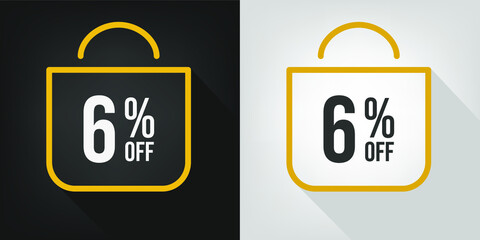 6% off. Black, white and yellow banner with five percent discount. Shopping bag concept vector.