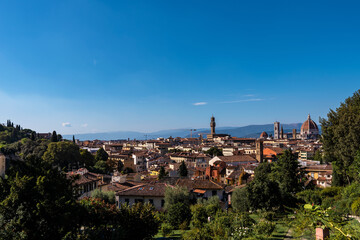 View of old Florence from the Rose Garden Giardino delle Rose, Italy. Selective focus. 