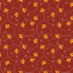 Vector floral seamless pattern. Vintage ornament with small pretty flowers, curly branches, leaves, twigs. Retro style wallpapers. Red and orange color. Abstract background. Elegant repeat design 