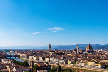 Picturesque view of Florence - Duomo Cathedral and Arno River from Michelangelo Square, Italy. Selective focus. 