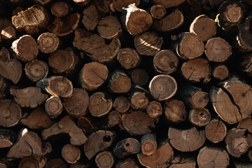 the wooden beams are stacked on top of each other. Wood for the fireplace is waiting for the heating season. Wood texture