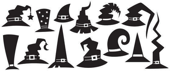 Halloween witch hat silhouettes set. Black and white shapes isolated on white background.