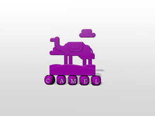 3D representation of camel with icon on the wall and text arranged by metallic cubic letters on a mirror floor for concept meaning and slideshow presentation. illustration and desert