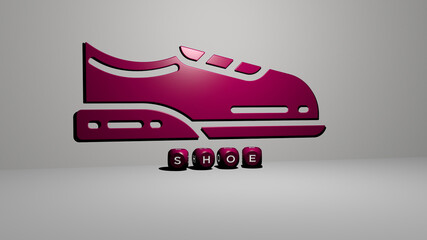 3D graphical image of shoe vertically along with text built by metallic cubic letters from the top perspective, excellent for the concept presentation and slideshows. illustration and background