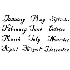 The hand written months. Lettering for your calendar design. Set of names of months in black and white.