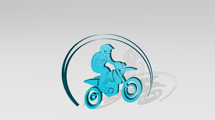 MOTORBIKE RIDER on the wall. 3D illustration of metallic sculpture over a white background with mild texture. motorcycle and biker