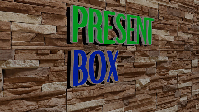 3D graphical image of PRESENT BOX vertically along with text built by metallic cubic letters from the top perspective, excellent for the concept presentation and slideshows. gift and background