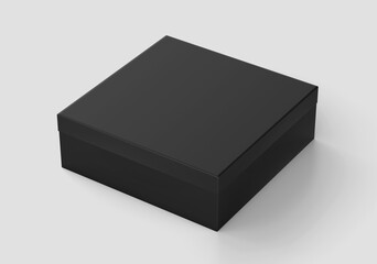 Fototapeta premium Black Square Box Mockup, Dark Shoe Box packaging container, 3d Rendering isolated on light background