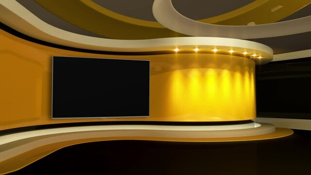 Tv Studio. Yellow Studio. News studio. Newsroom Background for News Broadcasts. Blurred of studio at TV station. News channel design. Control room. 3D rendering 