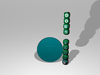 3D graphical image of DOWN ARROW vertically along with text built around the icon by metallic cubic letters from the top perspective. excellent for the concept presentation and slideshows.