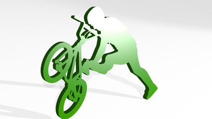 professional cyclist from a perspective with the shadow. A thick sculpture made of metallic materials of 3D rendering. business and illustration