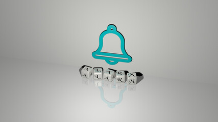 3D illustration of alarm graphics and text made by metallic dice letters for the related meanings of the concept and presentations. clock and background