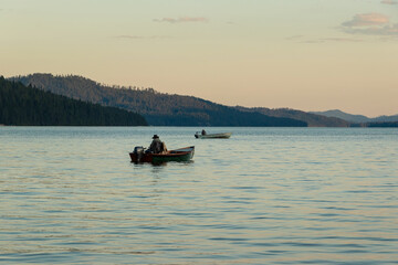 Fishermen in Small Boats on Lake in Northern Idaho