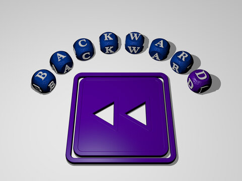 3D illustration of BACKWARD graphics and text around the icon made by metallic dice letters for the related meanings of the concept and presentations. arrow and button