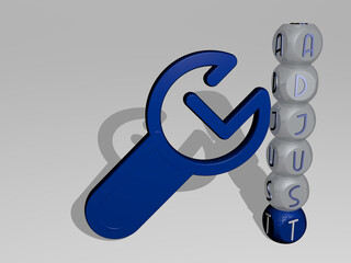 3D representation of adjust with icon on the wall and text arranged by metallic cubic letters on a mirror floor for concept meaning and slideshow presentation. illustration and background
