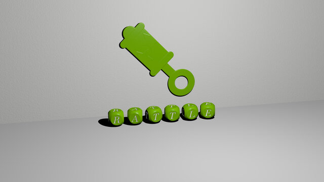 3D illustration of RATTLE graphics and text made by metallic dice letters for the related meanings of the concept and presentations. baby and child
