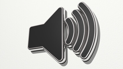 sound sign from a perspective on the wall. A thick sculpture made of metallic materials of 3D rendering. illustration and music