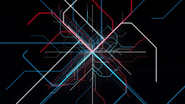 Concept of artificial intelligence and multiple choice. Animation. Abstract colorful straight lines appear in the center of black screen and spreading into the sides.